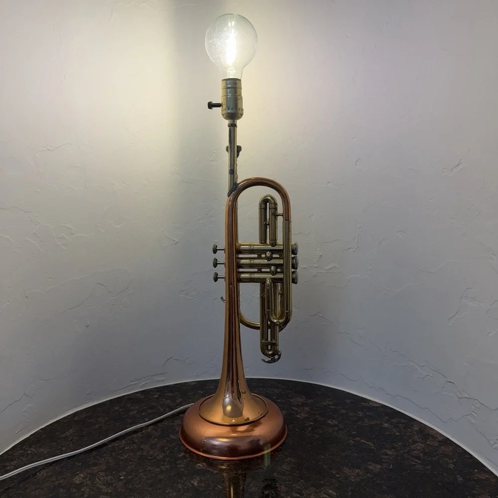 Vintage Repurposed CG Conn Brass Trumpet Table Lamp Shooting Star